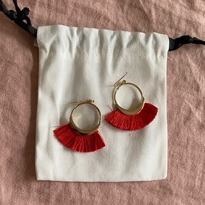 Anthropologie Gold Hoop Earrings with Red Fringe